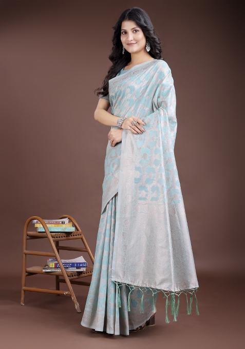 Sea Green Woven Zari Work Linen Cotton Saree Set