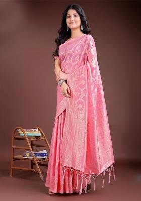 Pink Woven Zari Work Linen Cotton Saree Set