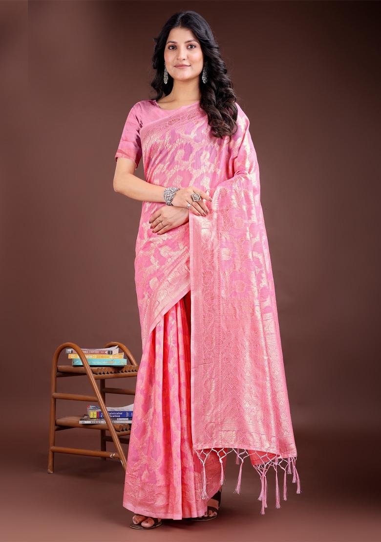 Pink Woven Zari Work Linen Cotton Saree Set