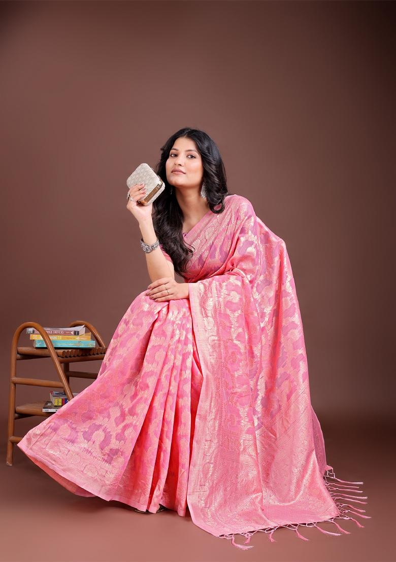 Pink Woven Zari Work Linen Cotton Saree Set