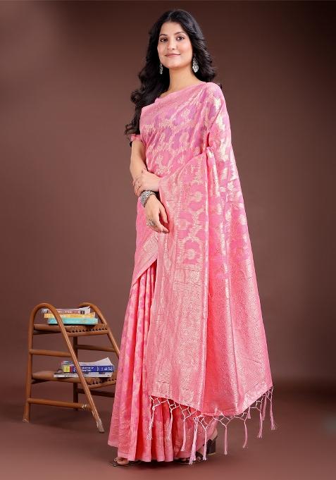 Pink Woven Zari Work Linen Cotton Saree Set