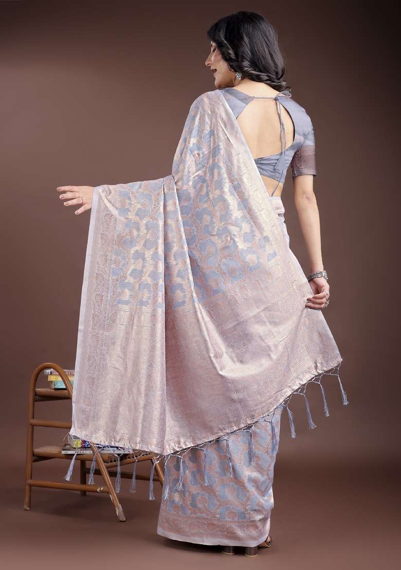 Grey Woven Zari Work Linen Cotton Saree Set - Indya