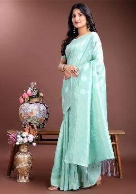 Sea Green Woven Zari Work Cotton Saree Set