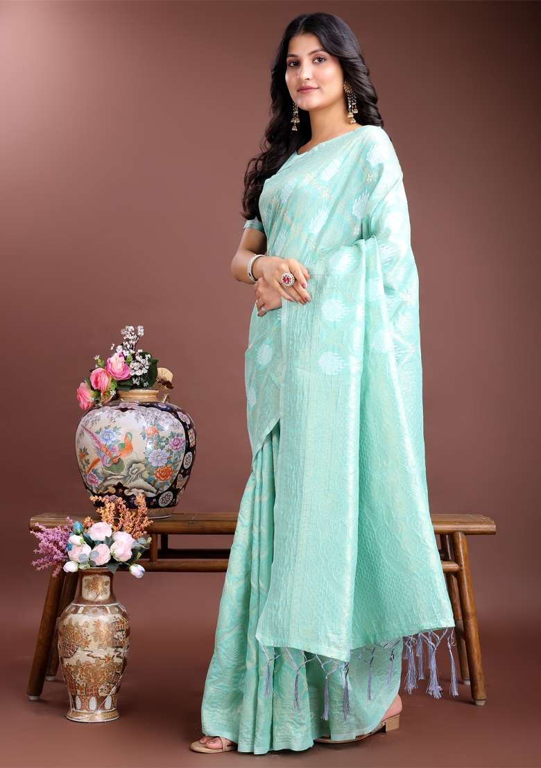 Sea Green Woven Zari Work Cotton Saree Set - Indya
