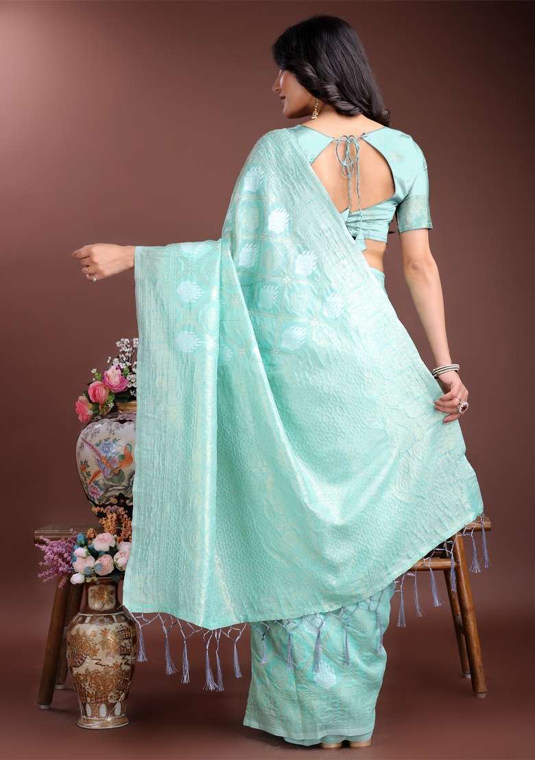 Sea Green Woven Zari Work Cotton Saree Set - Indya