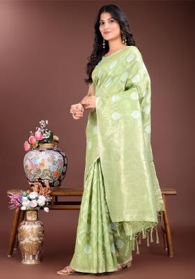Light Green Woven Zari Work Cotton Saree Set