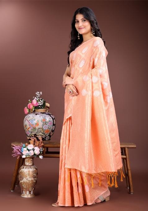 Orange Woven Zari Work Cotton Saree Set