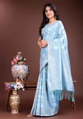 Sky Blue Woven Zari Work Cotton Saree Set