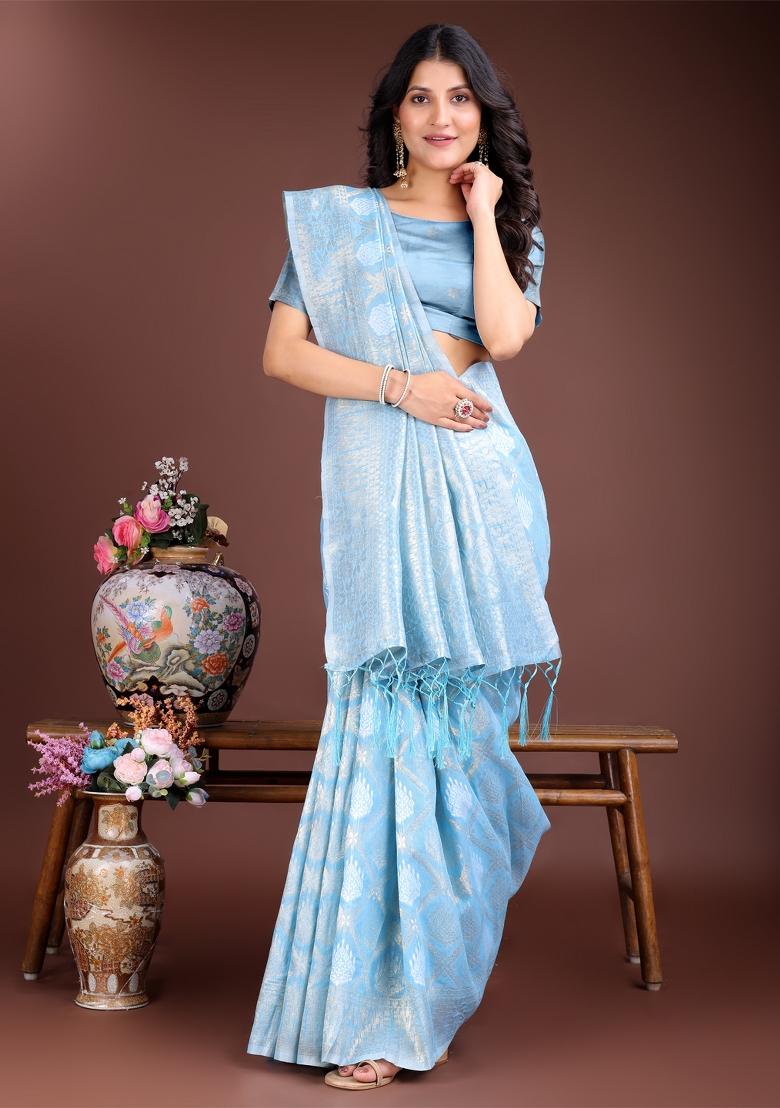 Sky Blue Woven Zari Work Cotton Saree Set