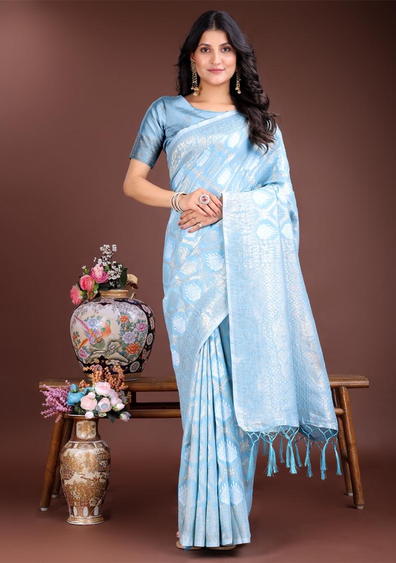Sky Blue Woven Zari Work Cotton Saree Set