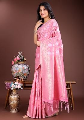 Pink Woven Zari Work Cotton Saree Set