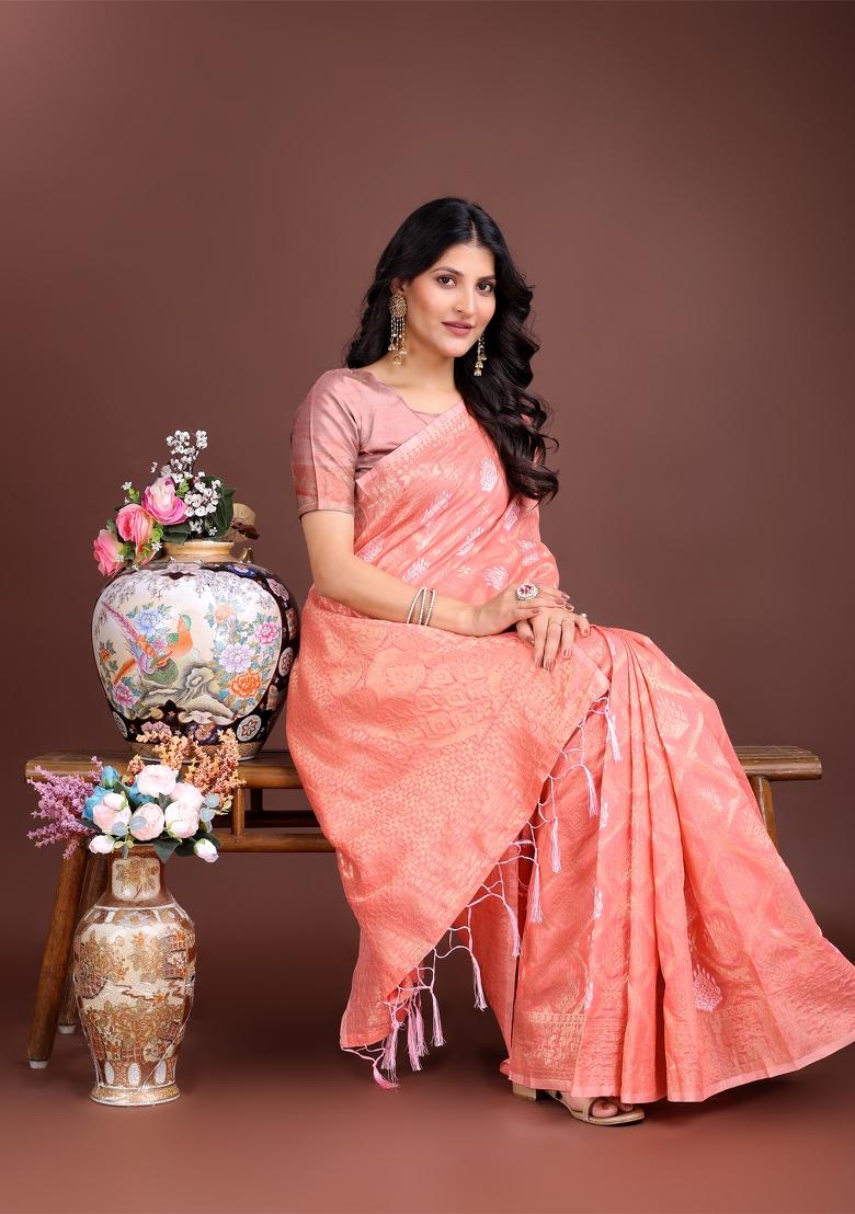 Peach Woven Zari Work Cotton Saree Set