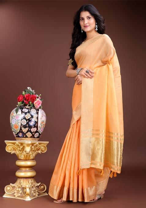Orange Woven Zari Work Cotton Saree Set