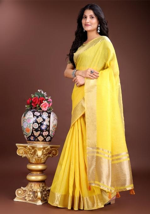 Yellow Woven Zari Work Cotton Saree Set