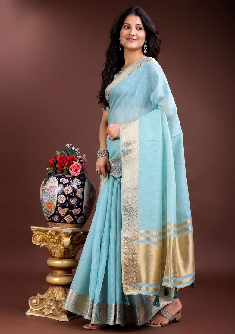Sky Blue Woven Zari Work Cotton Saree Set - Indya
