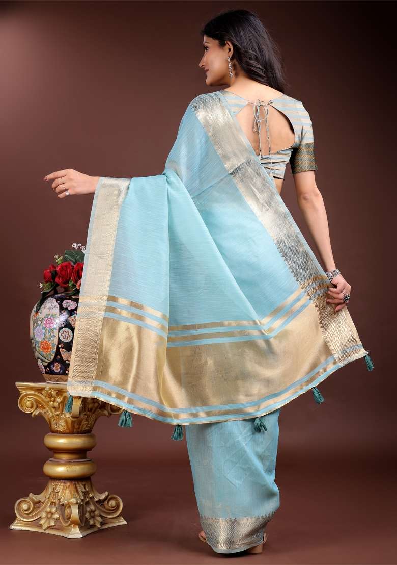 Sky Blue Woven Zari Work Cotton Saree Set - Indya