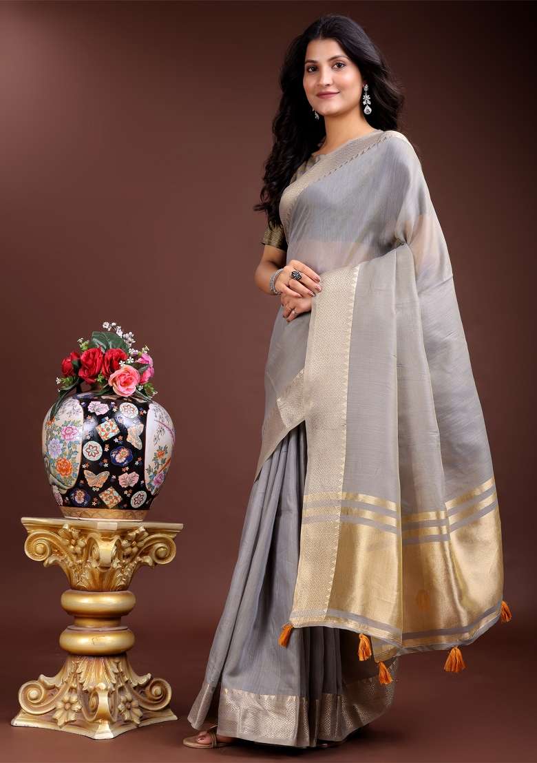Grey Woven Zari Work Cotton Saree Set - Indya
