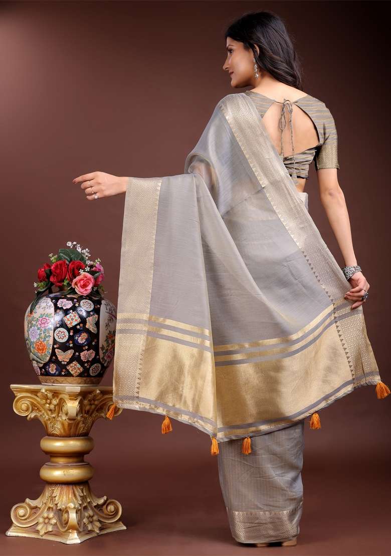 Grey Woven Zari Work Cotton Saree Set - Indya