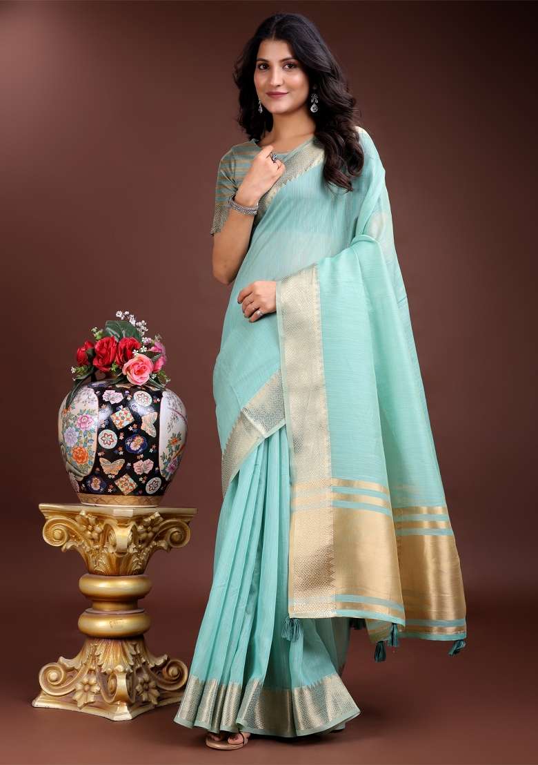 Sea Green Woven Zari Work Cotton Saree Set - Indya