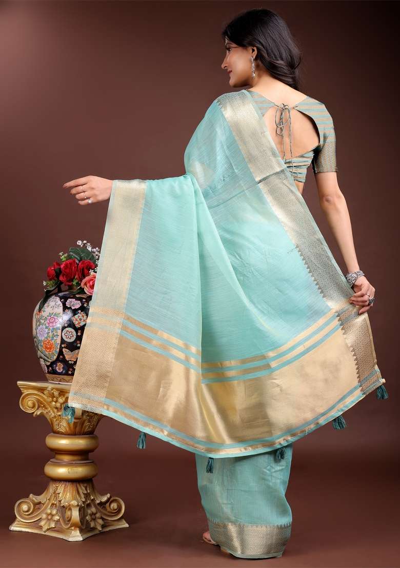 Sea Green Woven Zari Work Cotton Saree Set - Indya