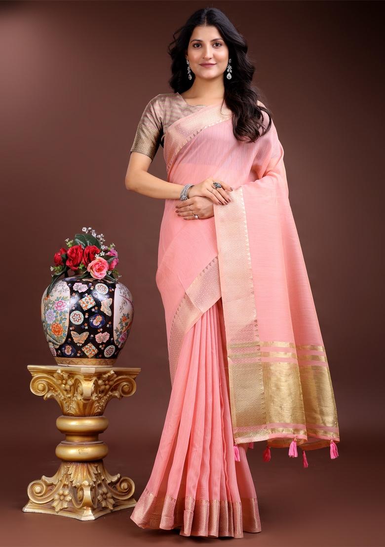 Pink Woven Zari Work Cotton Saree Set