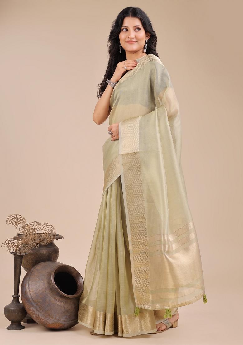 Light Green Woven Zari Work Organza Saree Set
