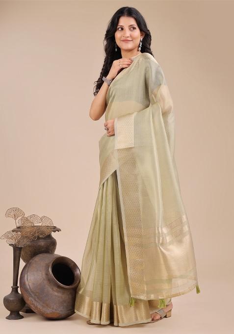 Light Green Woven Zari Work Organza Saree Set