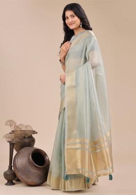 Sea Green Woven Zari Work Organza Saree Set