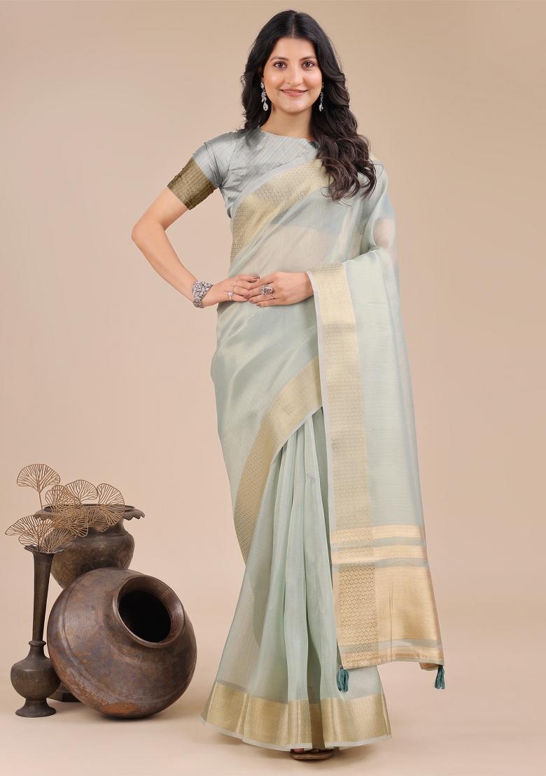 Sea Green Woven Zari Work Organza Saree Set
