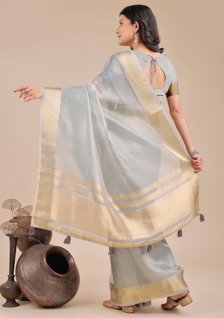 Sky Blue Woven Zari Work Organza Saree Set - Indya