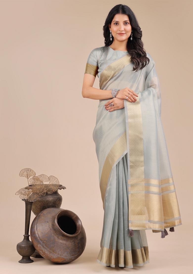 Sky Blue Woven Zari Work Organza Saree Set