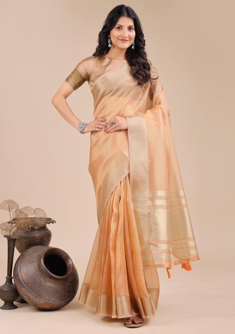 Orange Woven Zari Work Organza Saree Set