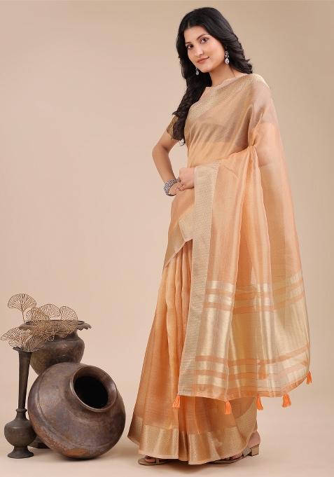 Orange Woven Zari Work Organza Saree Set