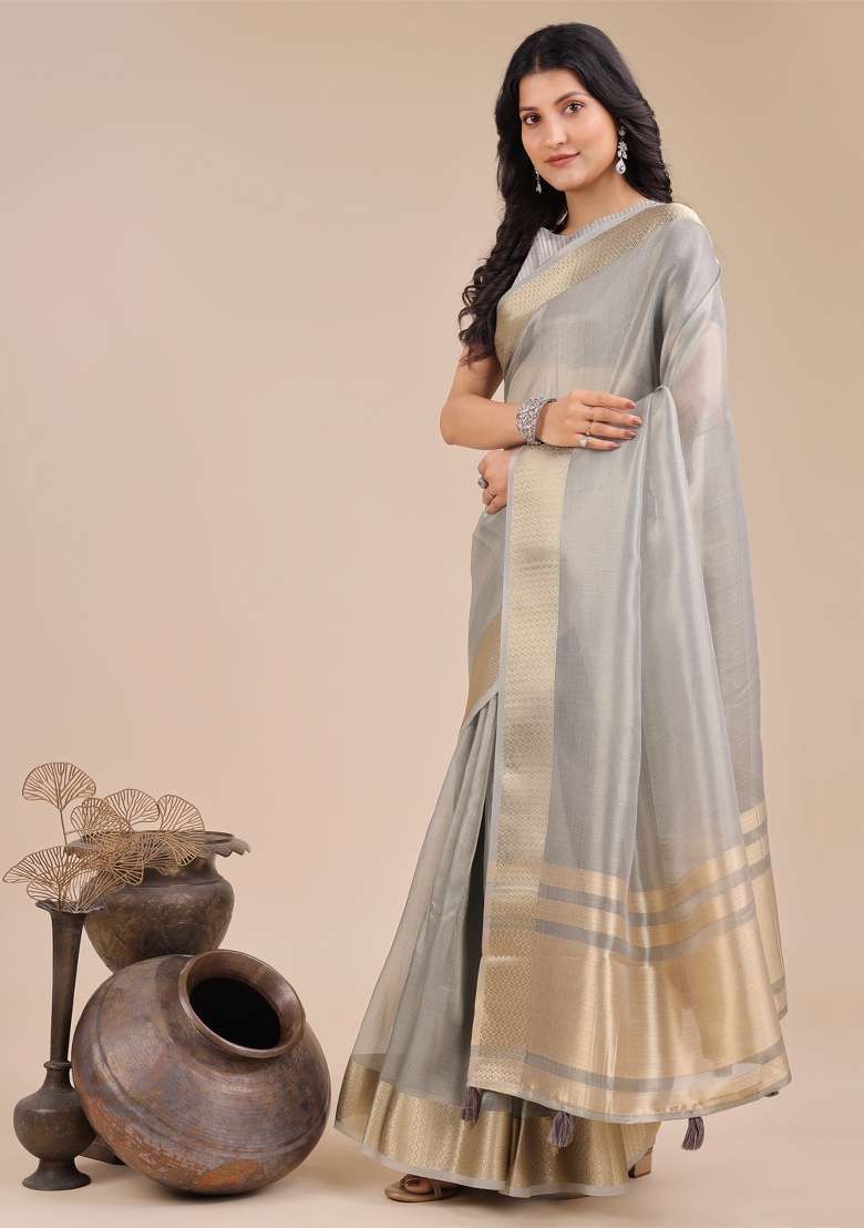 Grey Woven Zari Work Organza Saree Set - Indya