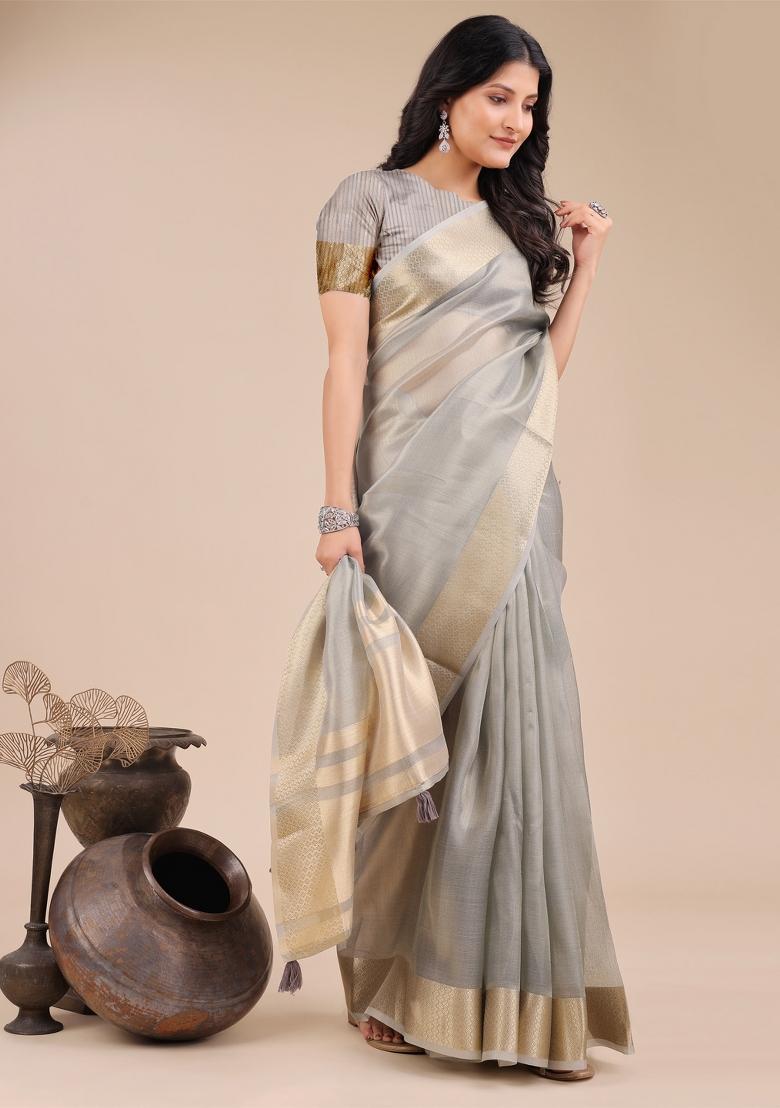 Grey Woven Zari Work Organza Saree Set