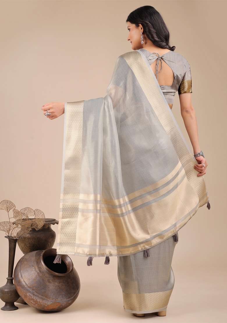 Grey Woven Zari Work Organza Saree Set - Indya