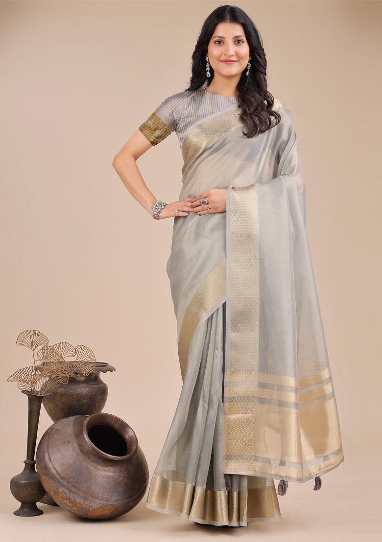 Grey Woven Zari Work Organza Saree Set