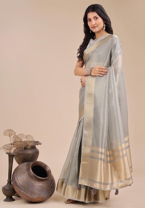 Grey Woven Zari Work Organza Saree Set
