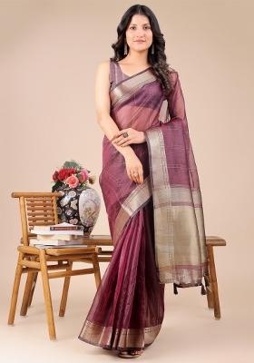 Purple Woven Zari Work Organza Saree Set
