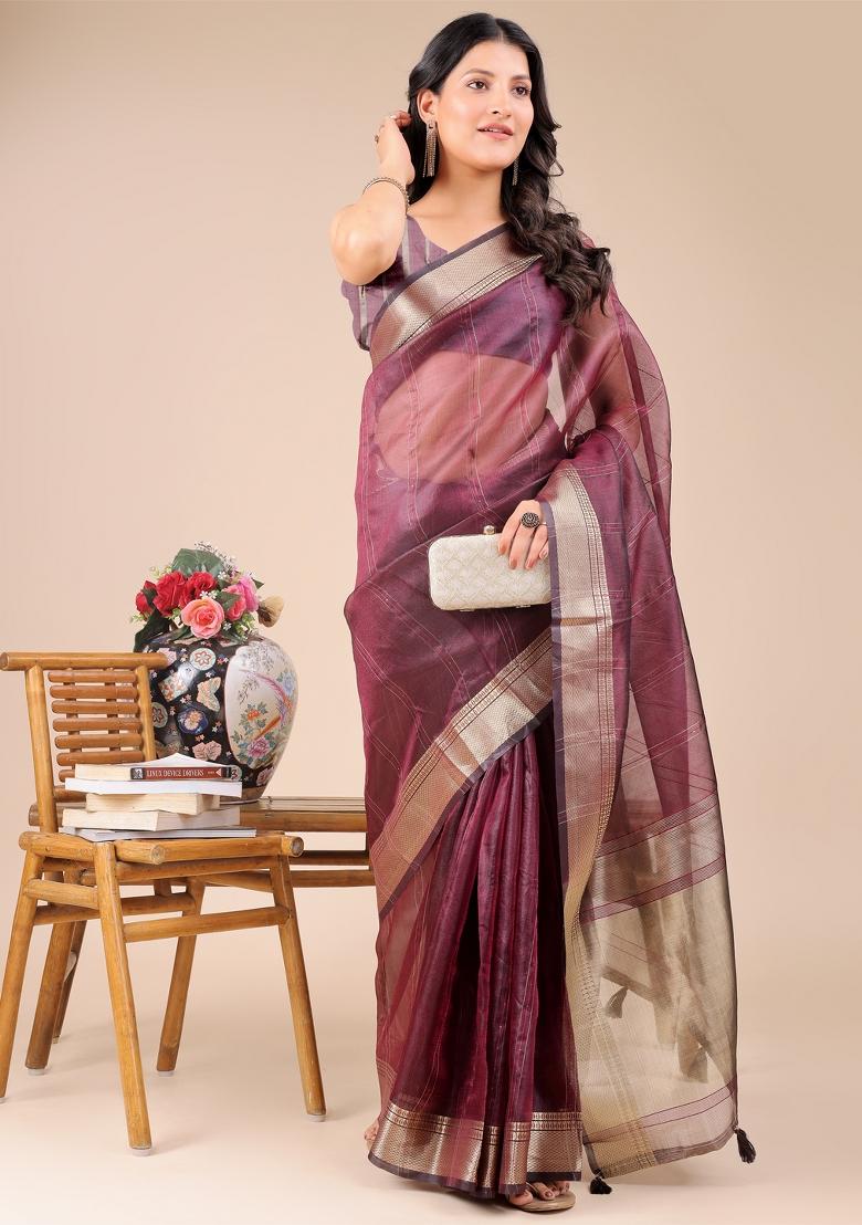 Purple Woven Zari Work Organza Saree Set