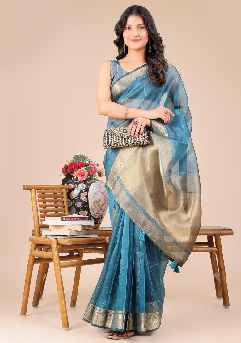 Sea Green Woven Zari Work Organza Saree Set