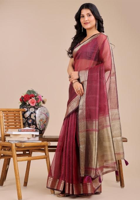 Magenta Woven Zari Work Organza Saree Set