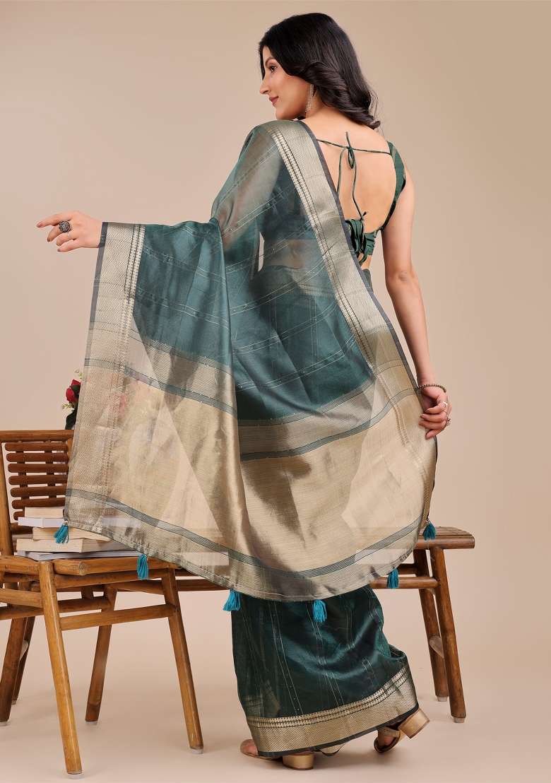 Dark Green Woven Zari Work Organza Saree Set - Indya