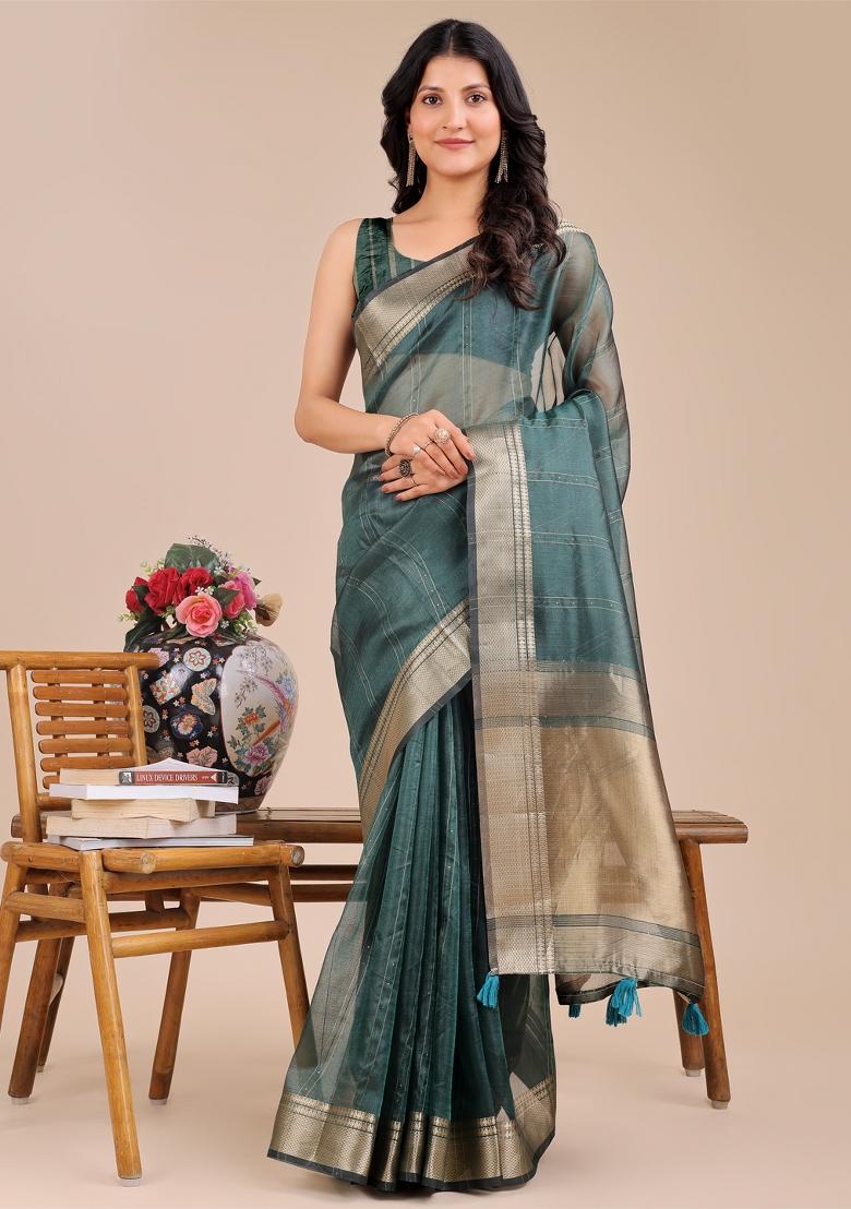 Dark Green Woven Zari Work Organza Saree Set