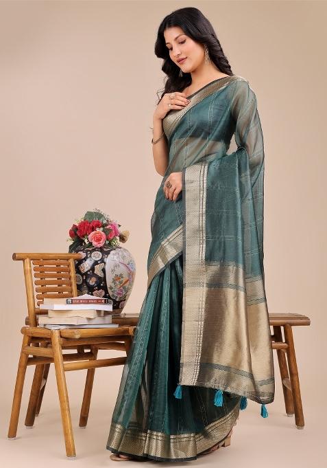 Dark Green Woven Zari Work Organza Saree Set