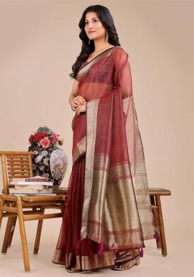 Maroon Woven Zari Work Organza Saree Set