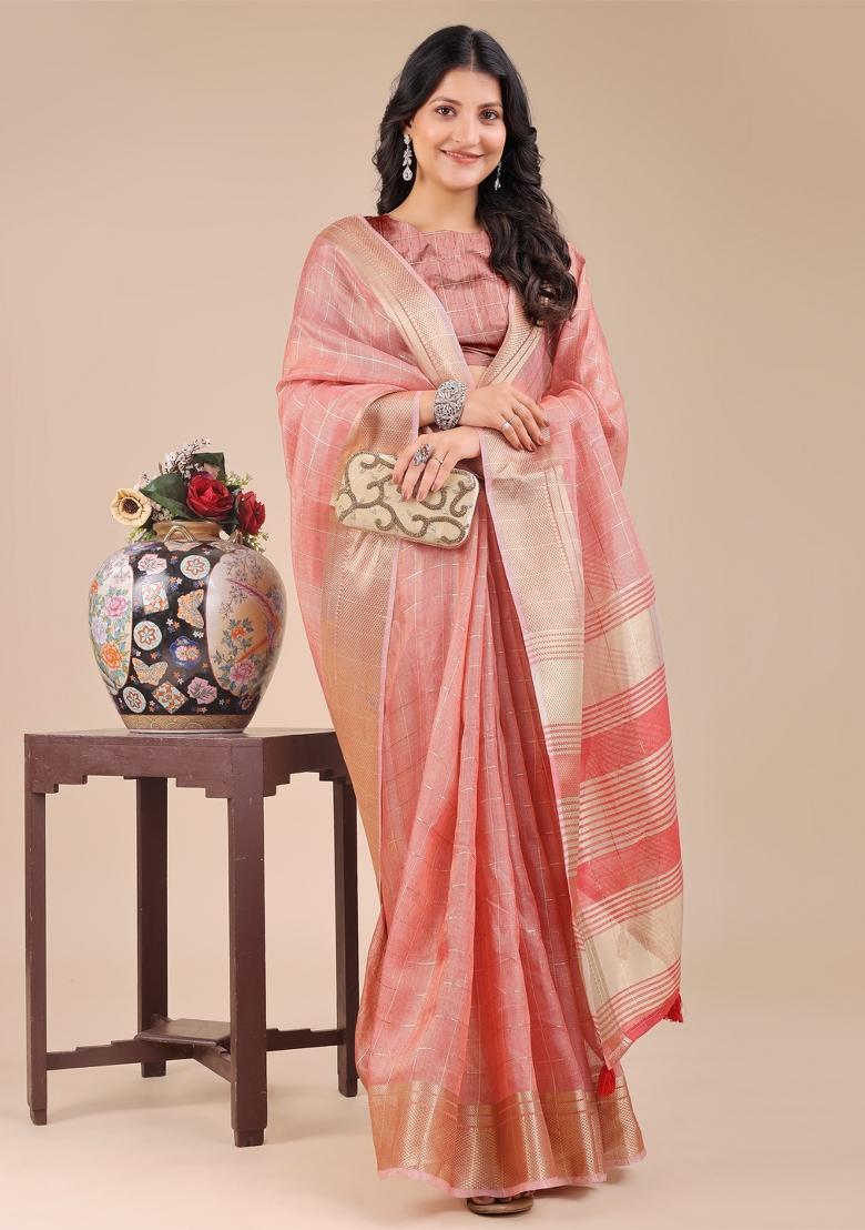 Peach Woven Zari Work Organza Saree Set