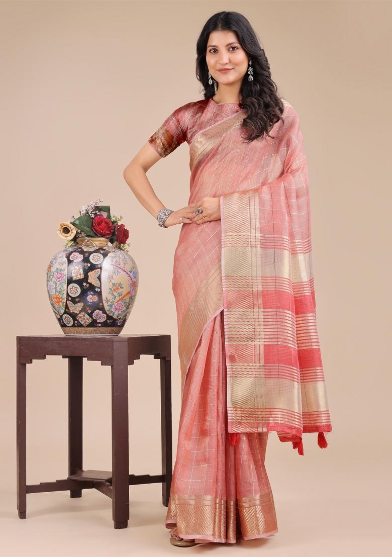 Peach Woven Zari Work Organza Saree Set