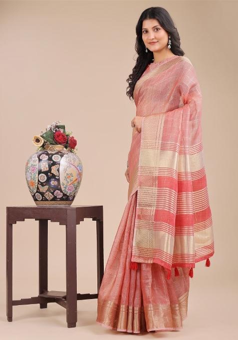 Peach Woven Zari Work Organza Saree Set