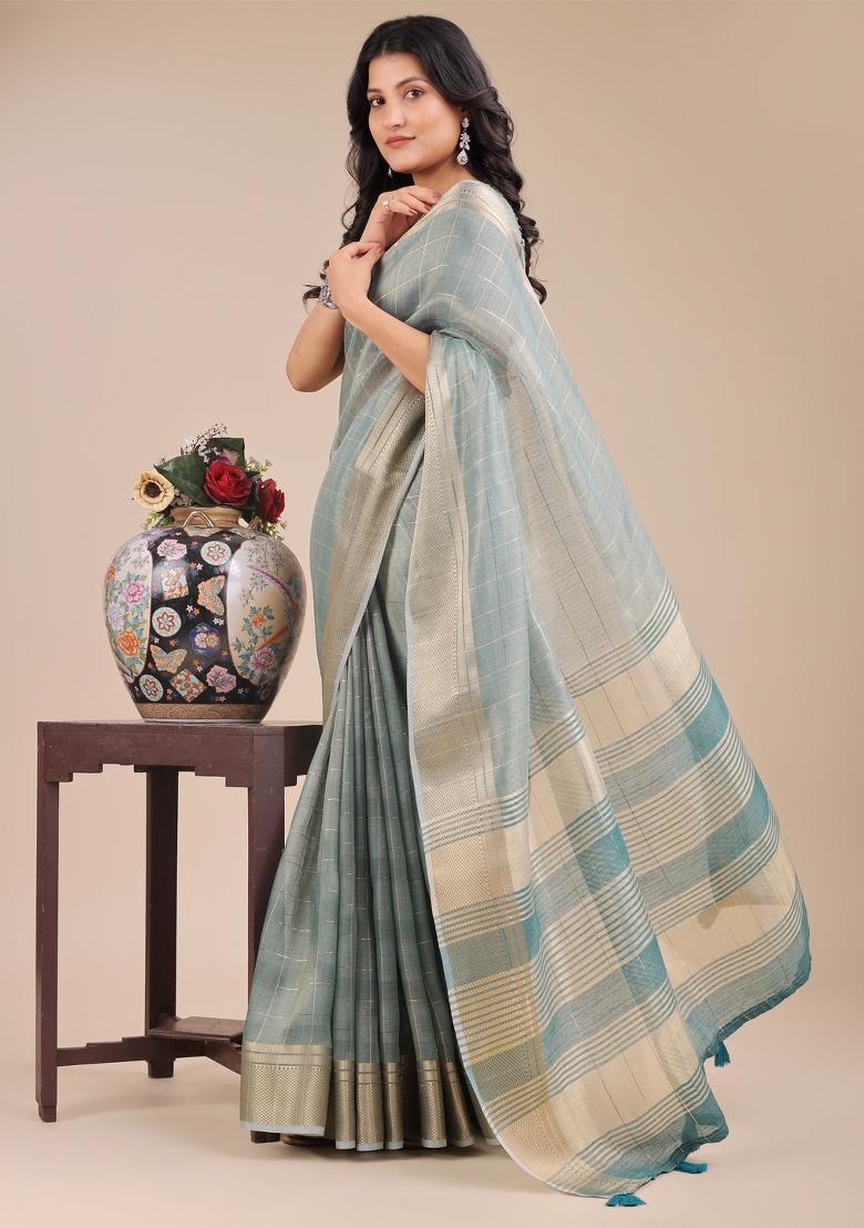 Sea Green Woven Zari Work Organza Saree Set